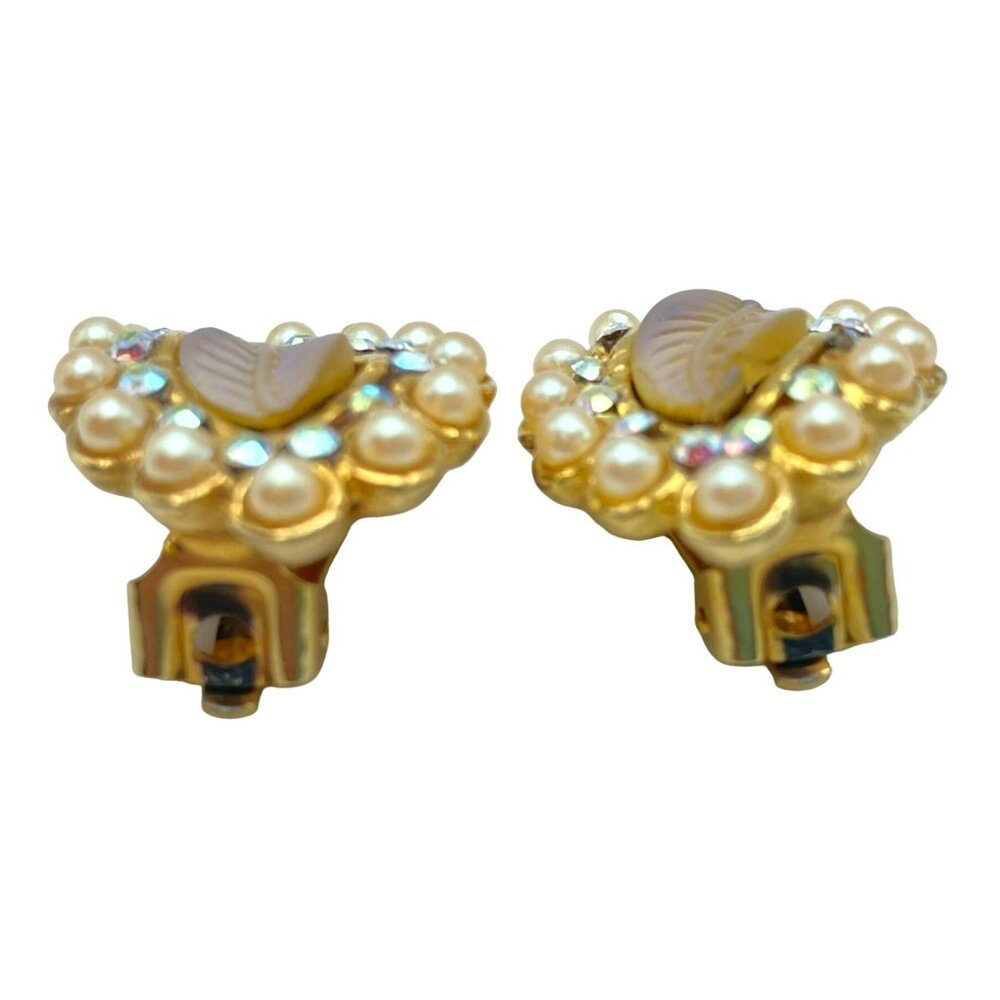 Vintage Leaf Earrings Faux Pearls & Gold Glass Opalescent Rhinestone 50's Clip - Picture 2 of 7